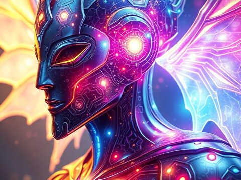 Ethereal Cybernetic Angel with Illuminated Wings