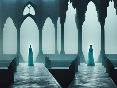 Ethereal Figures in Gothic Cathedral