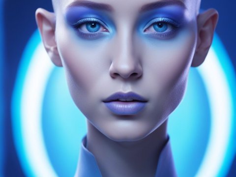 Ethereal Futuristic Portrait of a Bald Woman with Blue Makeup