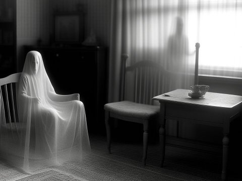 Ethereal Ghostly Figure in Vintage Room