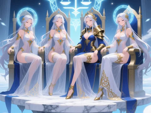 Ethereal Goddesses of Justice on Floating Thrones