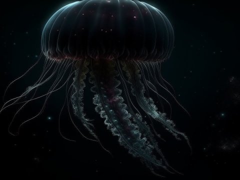 Ethereal Jellyfish Glowing in Deep Dark Ocean