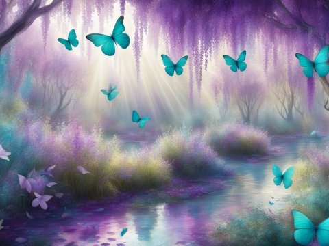 Ethereal Purple and Turquoise Butterfly Forest