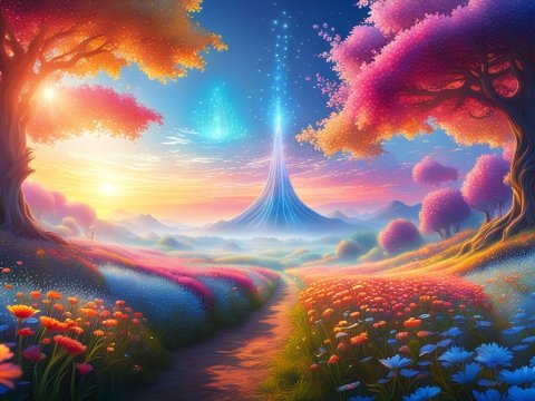 Ethereal Sunrise Over a Magical Flower Valley