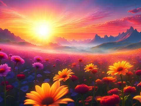 Ethereal Sunrise Over Vibrant Flower Field