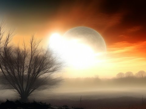 Ethereal Sunset with a Giant Moon Over Misty Landscape