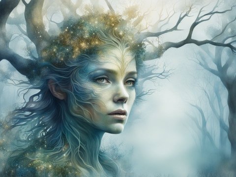 Ethereal Tree Woman in Misty Forest