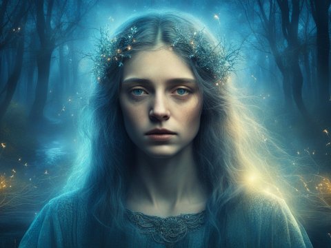 Ethereal Woman in Mystical Forest at Night