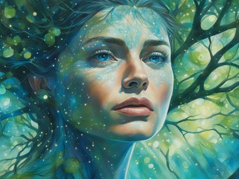 Ethereal Woman Merging with Tree in Mystical Glow
