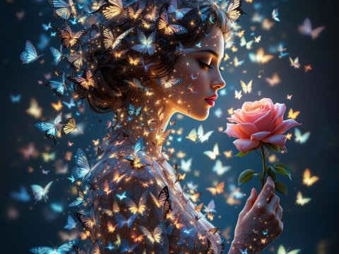 Ethereal Woman Surrounded by Glowing Butterflies Holding a Rose