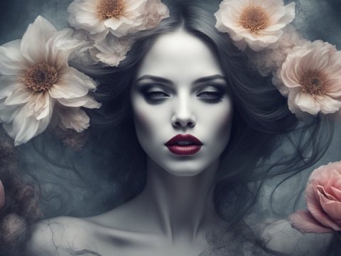 Ethereal Woman Surrounded by Soft Flowers
