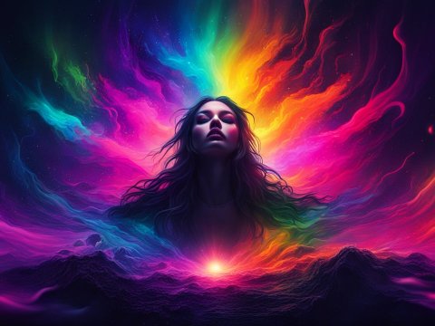 Ethereal Woman Surrounded by Vibrant Cosmic Colors