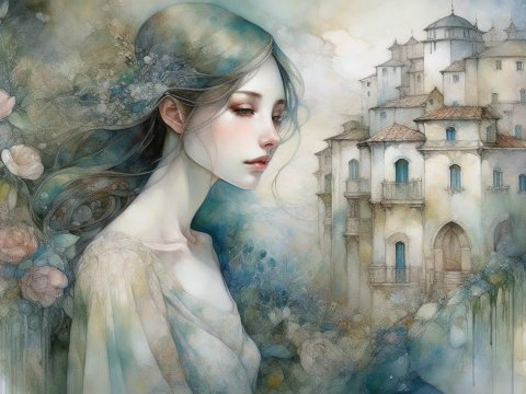 Ethereal Woman with Dreamlike Castle in Soft Watercolor
