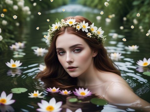 Ethereal Woman with Floral Crown in Serene Water