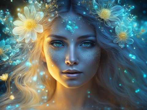 Ethereal Woman with Glowing Flowers and Magical Light