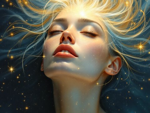 Ethereal Woman with Glowing Starry Hair