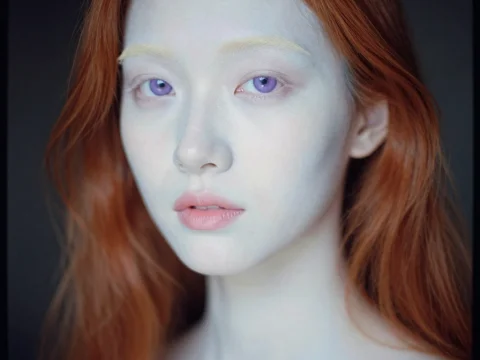 Ethereal Woman with Violet Eyes and Red Hair