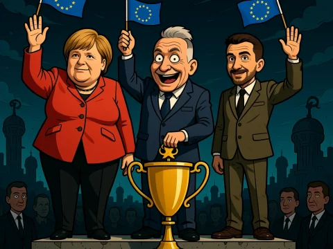 EU Leaders Celebrating with Trophy in Dystopian Cartoon Style