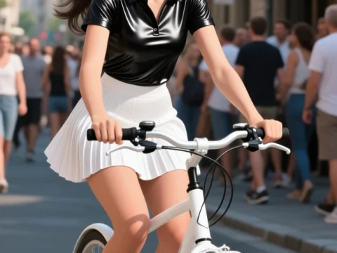 European Female Cyclist Riding in Urban Street