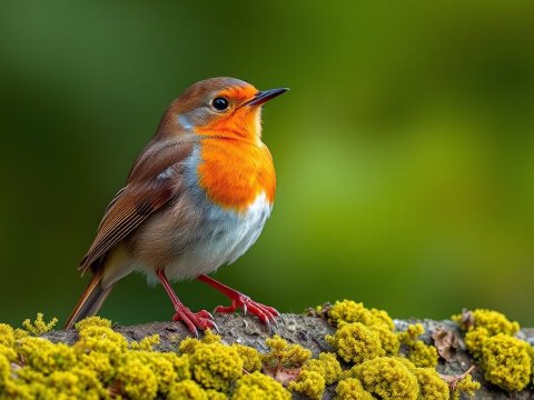 European Robin Perched on Mossy Branch