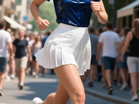 European Woman Running Through City Street on a Sunny Day