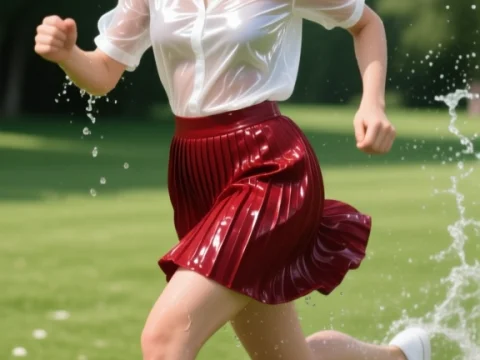 European Woman Running Through Water Splash in Park