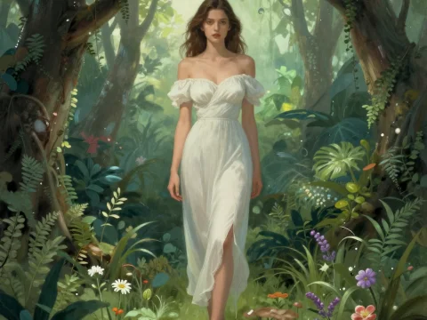 Eve in Eden: Serene Woman in Lush Forest