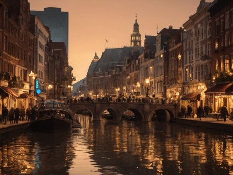 Evening Canal Scene in Historic European City