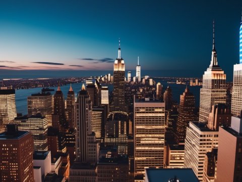Evening Skyline of New York City with Illuminated Skyscrapers