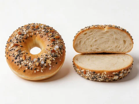 Everything Bagel Whole and Sliced on White Background