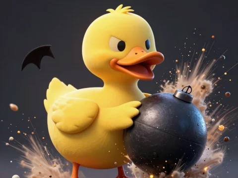Evil Cartoon Duck Holding a Bomb with Explosive Effects