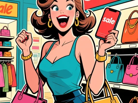 Excited Shopaholic Enjoying a Sale in Retro Pop Art Style
