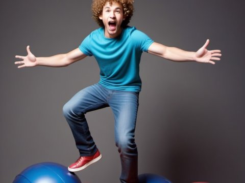 Excited Young Man Balancing on Colorful Balls