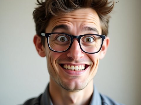 Excited Young Man with Glasses and Messy Hair