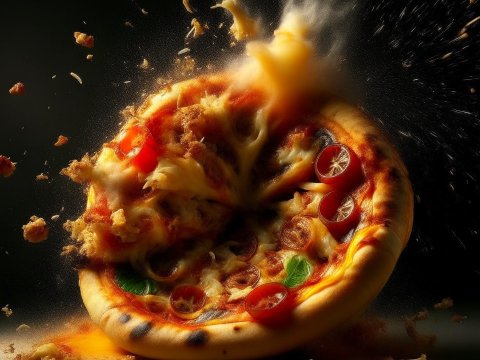 Exploding Pepperoni Pizza with Flying Crust and Cheese