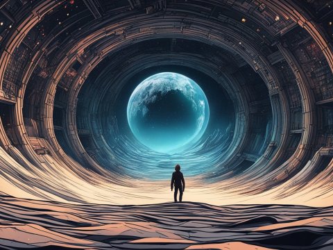 Explorer Facing a Giant Moon Inside a Futuristic Tunnel
