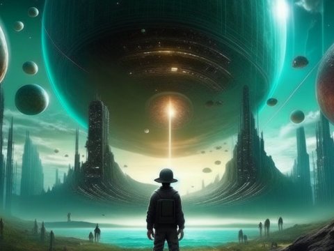 Explorer Facing a Massive Alien Structure in a Futuristic Landscape