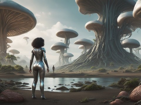 Explorer in Futuristic Landscape with Giant Mushrooms