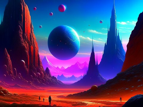Explorers on a Vibrant Alien Planet with Multiple Moons
