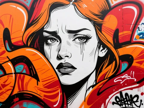Expressive Street Art Portrait with Vibrant Orange Accents