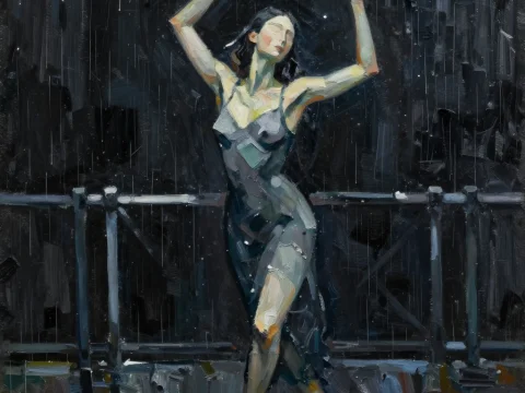Faceless Dancer in Rain - Expressive Oil Painting
