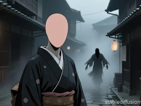 Faceless Figure in Edo Street with Ghostly Presence