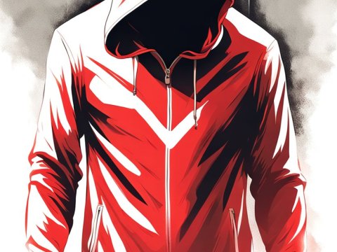 Faceless Hooded Figure in Red and White Jacket