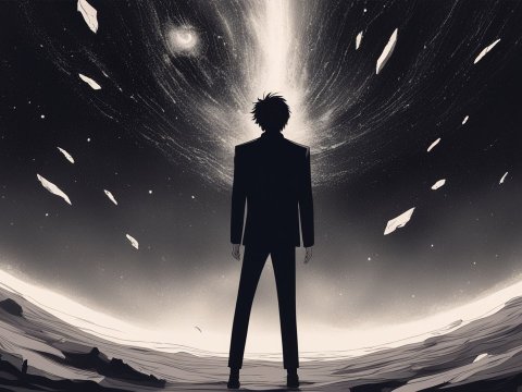 Faceless Man Facing Cosmic Vortex in Anime Style