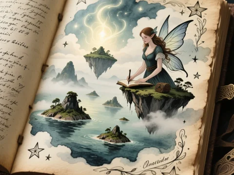 Fairy Writing on a Floating Island in a Magical Journal