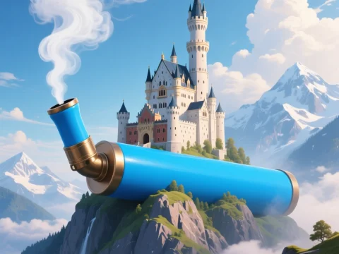 Fairytale Castle Emerging from Giant Vape Device on Mountain
