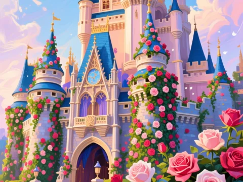 Fairytale Castle Overgrown with Roses at Sunset