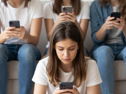 Family Disconnected by Phones in Modern Setting