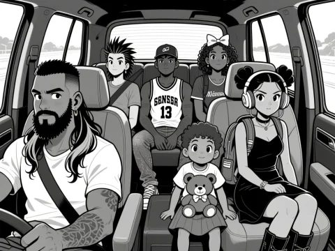 Family Road Trip Inside SUV in Manga Style