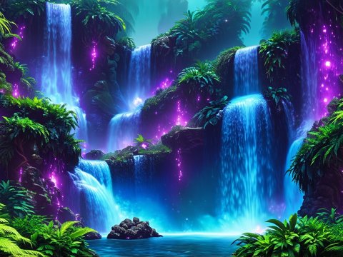 Fantastical Illuminated Waterfalls in a Lush Jungle